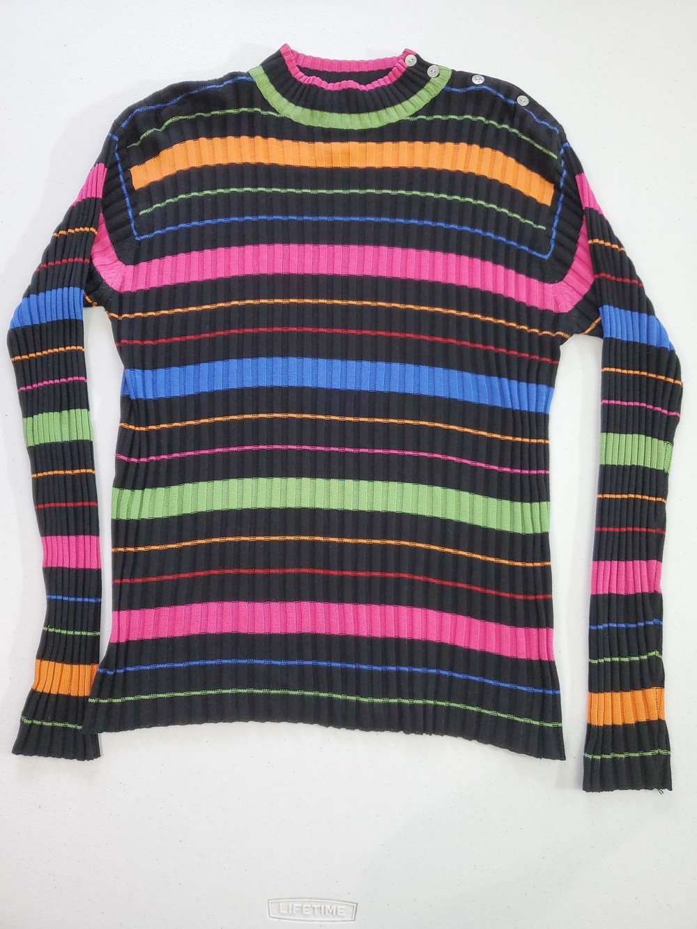 VTG Joseph A Black 100% Silk Crewneck Sweater Pink, Blue, Green, Orange Stripes